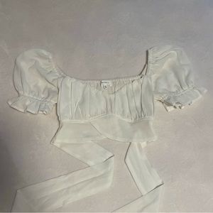 white cropped tie blouse top